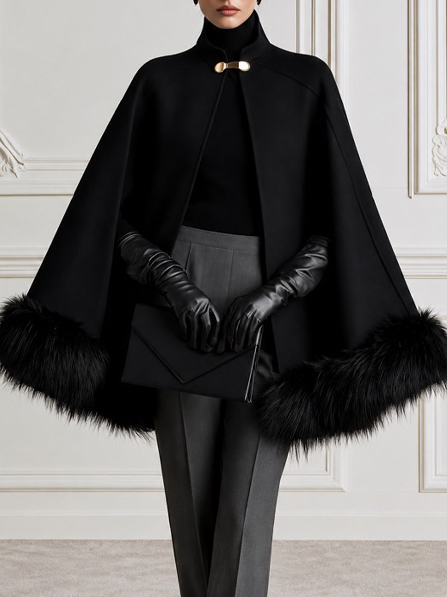 Faux Fur Trim Cape Coat with Gold Clasp
