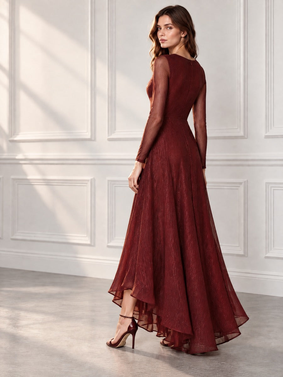 Shimmer Long Sleeve High-Low Evening Gown