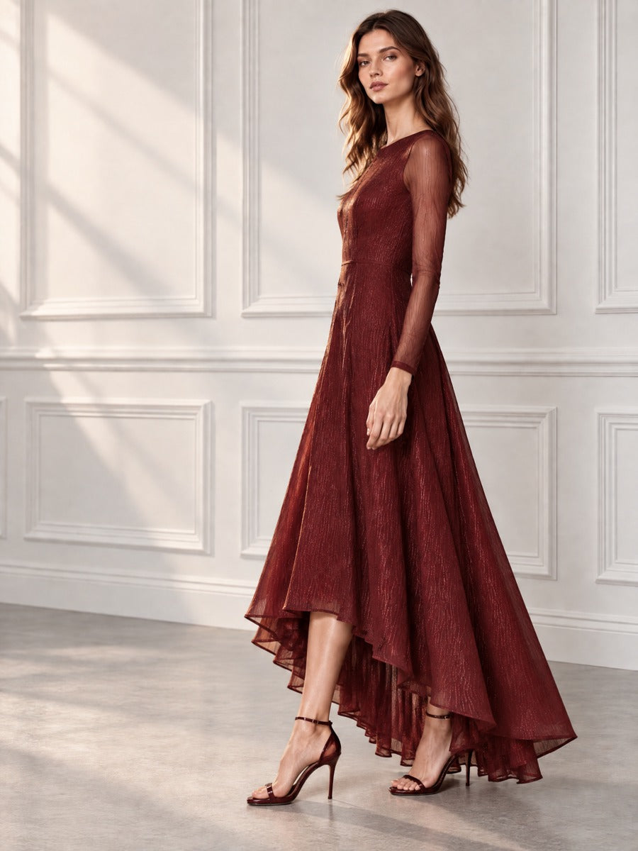 Shimmer Long Sleeve High-Low Evening Gown