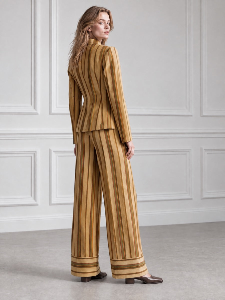 Frog Closure Stand Collar Striped Jacket And Wide-Leg Trouser Set