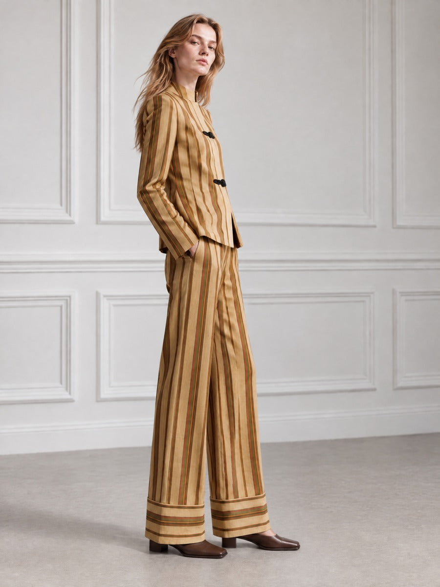 Frog Closure Stand Collar Striped Jacket And Wide-Leg Trouser Set