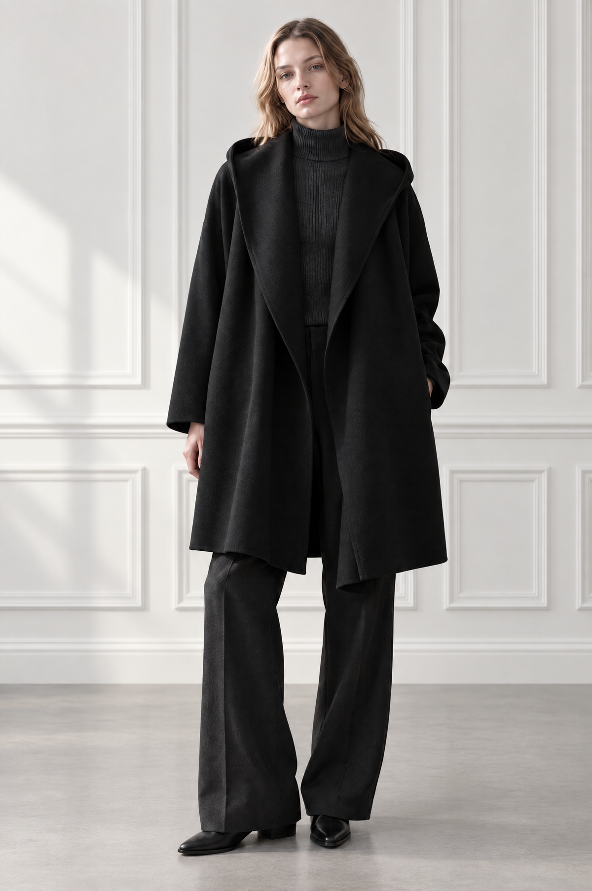 Hooded Shawl Collar Open-Front Oversized Wool Coat