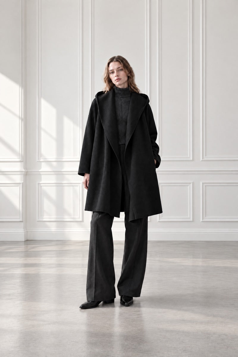 Hooded Shawl Collar Open-Front Oversized Wool Coat