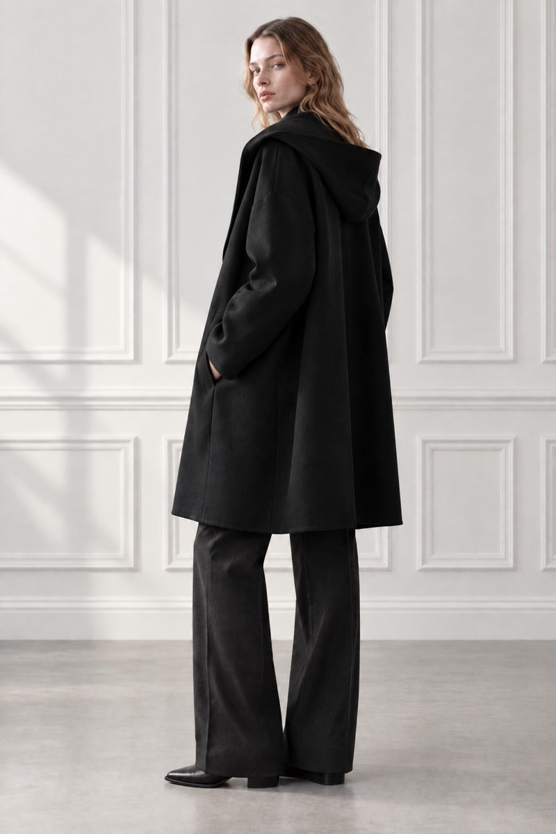 Hooded Shawl Collar Open-Front Oversized Wool Coat