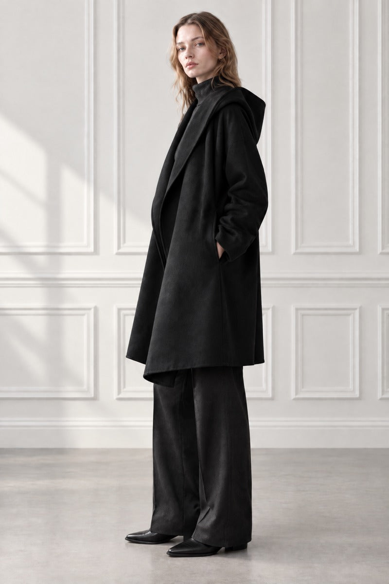 Hooded Shawl Collar Open-Front Oversized Wool Coat