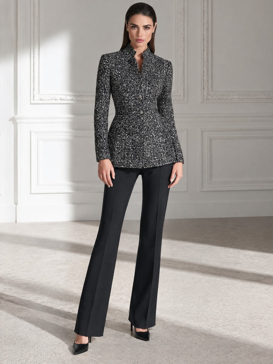 Stand Collar Two-Button Fitted Tweed Blazer
