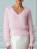 Fuzzy Mohair V-Neck Drop-Shoulder Cropped Sweater