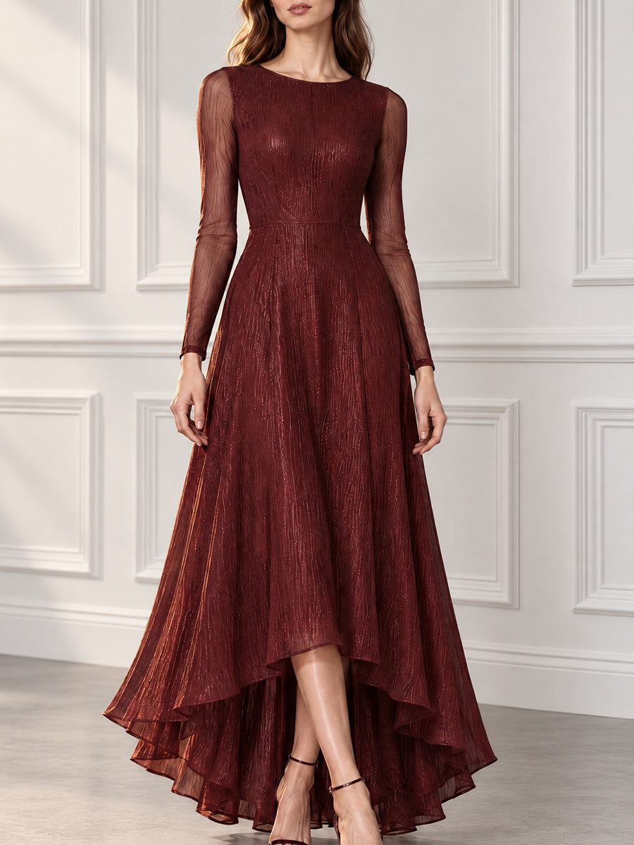 Shimmer Long Sleeve High-Low Evening Gown