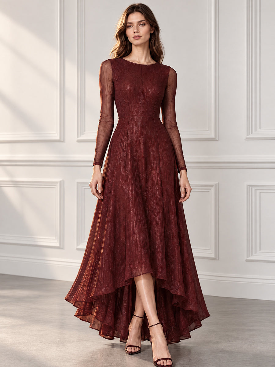 Shimmer Long Sleeve High-Low Evening Gown