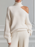 Ribbed Knit Turtleneck Cold-Shoulder Cutout Oversized Sweater