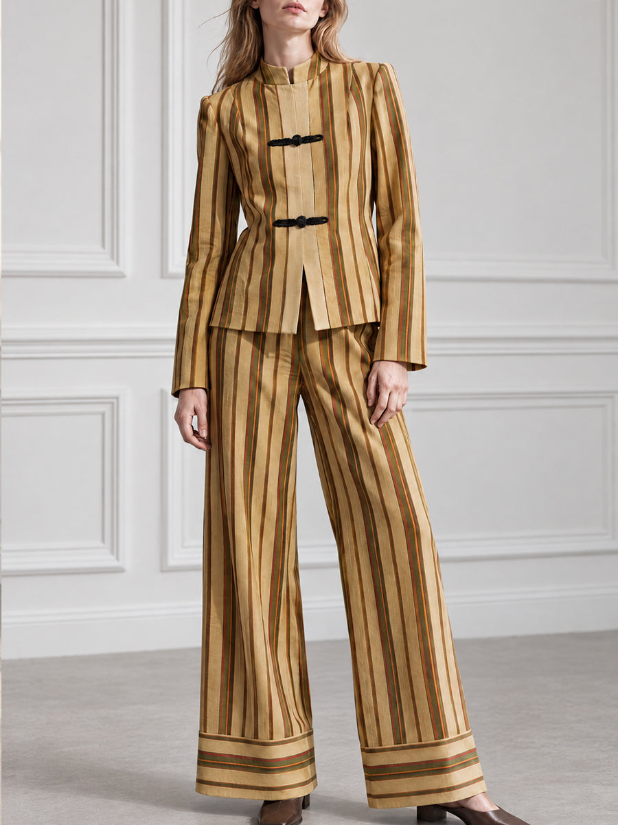 Frog Closure Stand Collar Striped Jacket And Wide-Leg Trouser Set