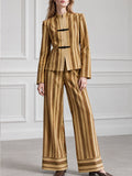 Frog Closure Stand Collar Striped Jacket And Wide-Leg Trouser Set