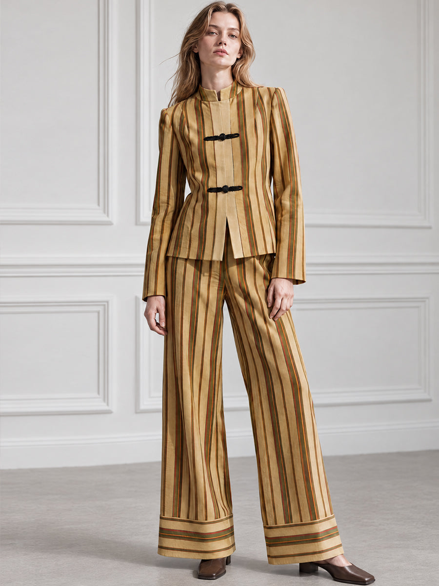 Frog Closure Stand Collar Striped Jacket And Wide-Leg Trouser Set
