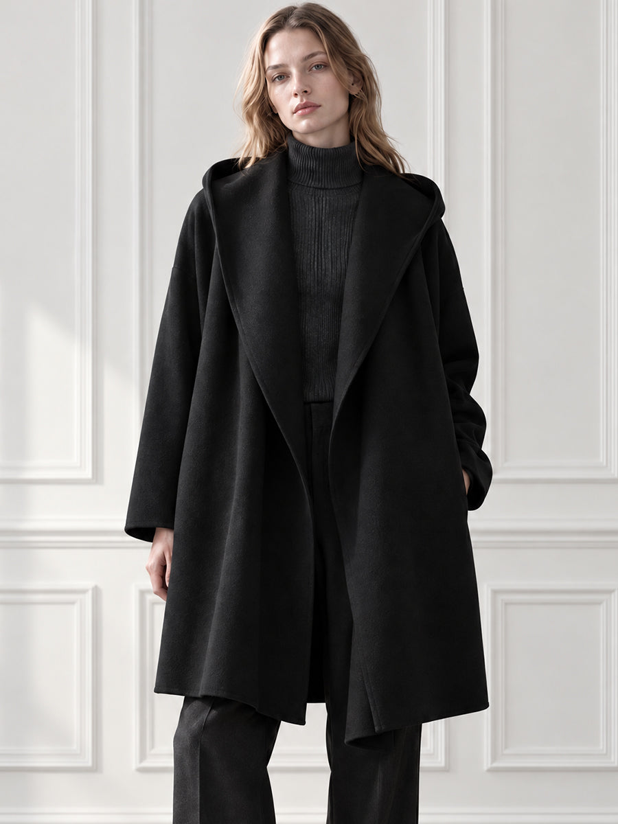 Hooded Shawl Collar Open-Front Oversized Wool Coat