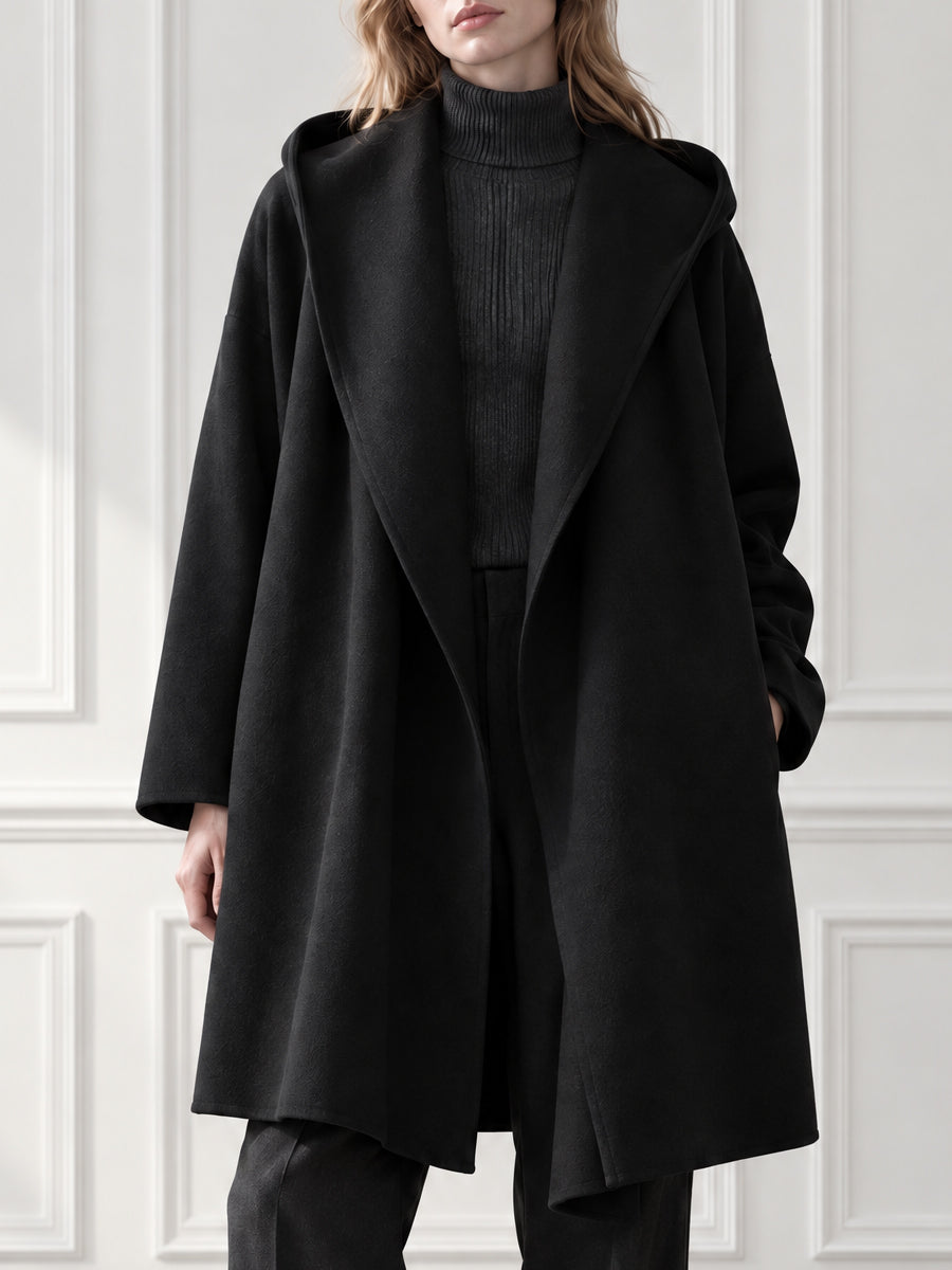 Hooded Shawl Collar Open-Front Oversized Wool Coat