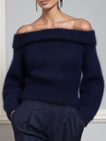 Fuzzy Mohair Off-Shoulder Fold-Over Balloon Sleeve Cropped Sweater