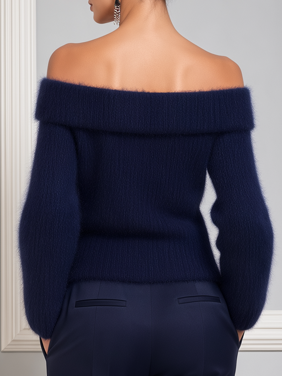 Fuzzy Mohair Off-Shoulder Fold-Over Balloon Sleeve Cropped Sweater
