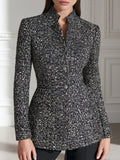 Stand Collar Two-Button Fitted Tweed Blazer