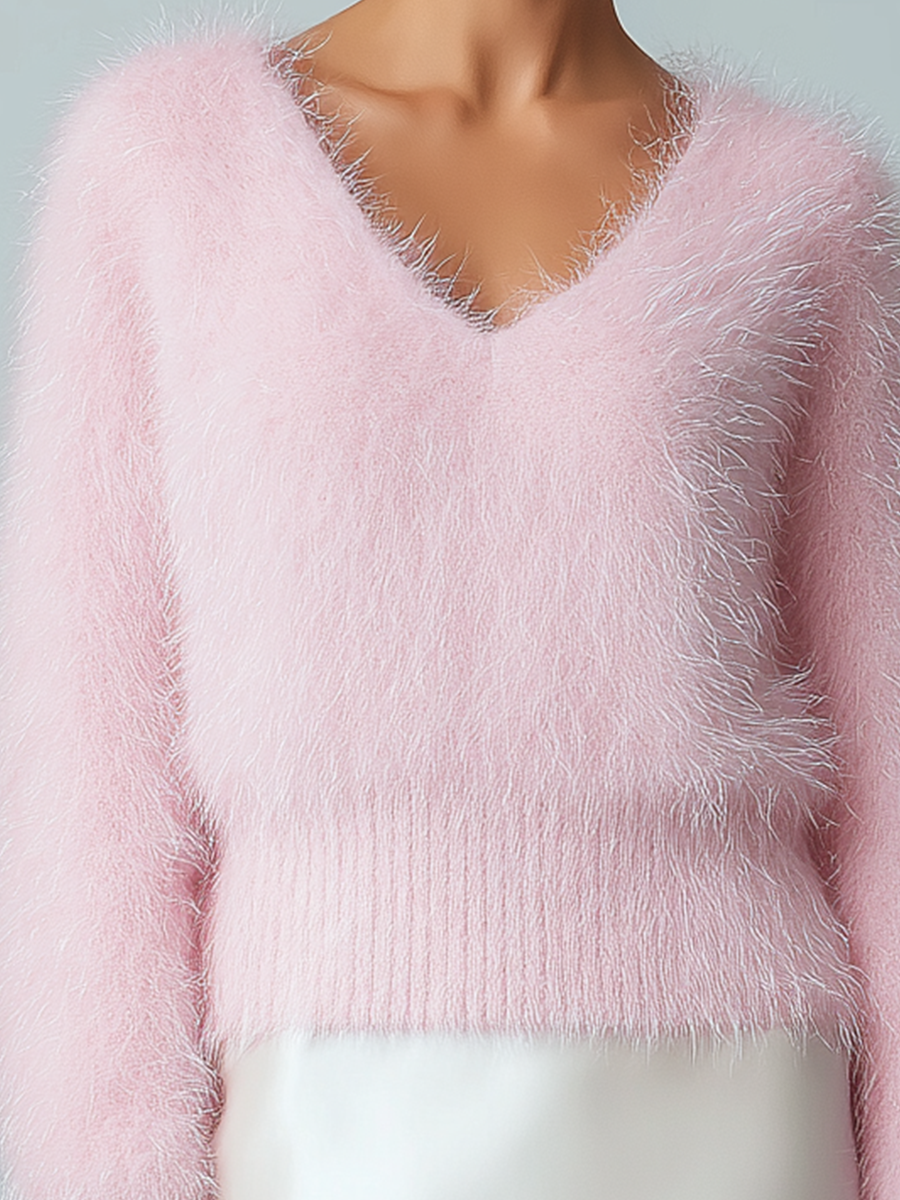 Fuzzy Mohair V-Neck Drop-Shoulder Cropped Sweater