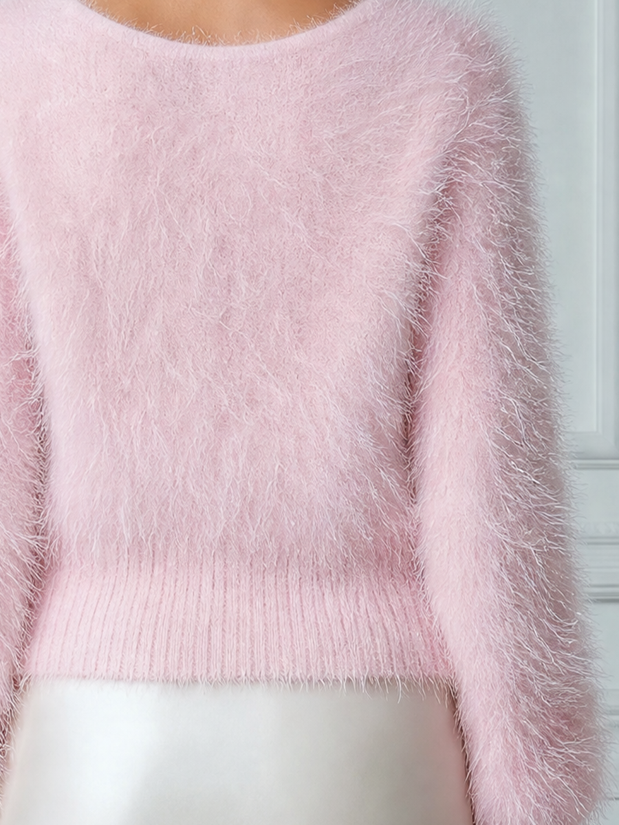 Fuzzy Mohair V-Neck Drop-Shoulder Cropped Sweater