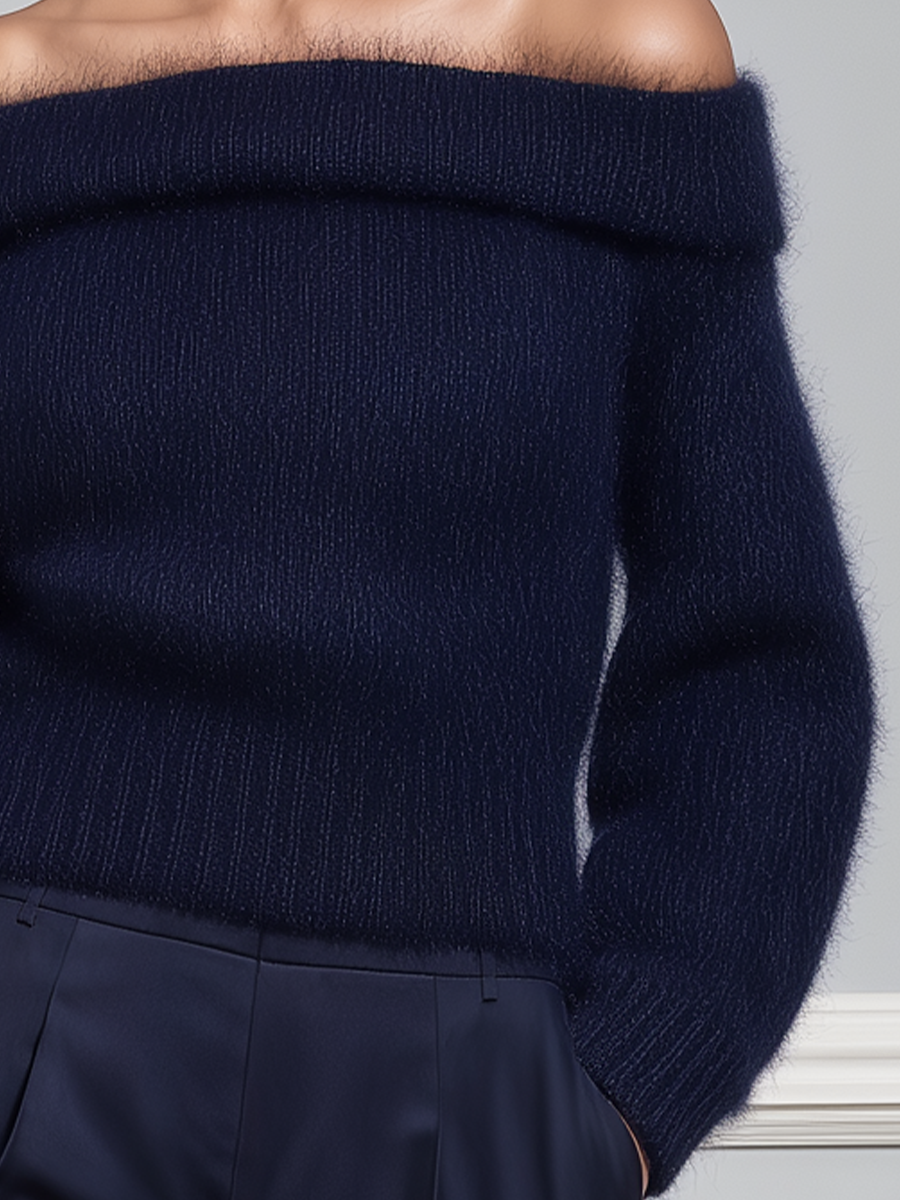 Fuzzy Mohair Off-Shoulder Fold-Over Balloon Sleeve Cropped Sweater