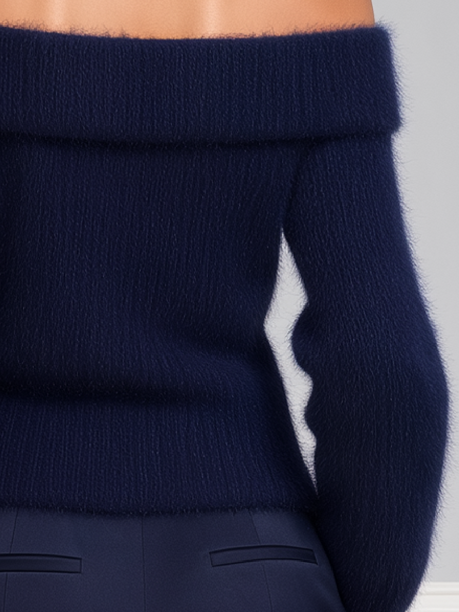 Fuzzy Mohair Off-Shoulder Fold-Over Balloon Sleeve Cropped Sweater