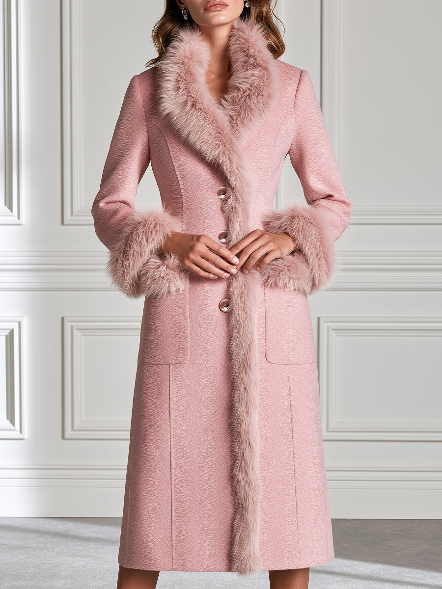 Faux Fur Trim Wool Blend Long Coat