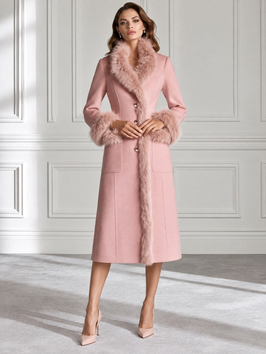 Faux Fur Trim Wool Blend Long Coat