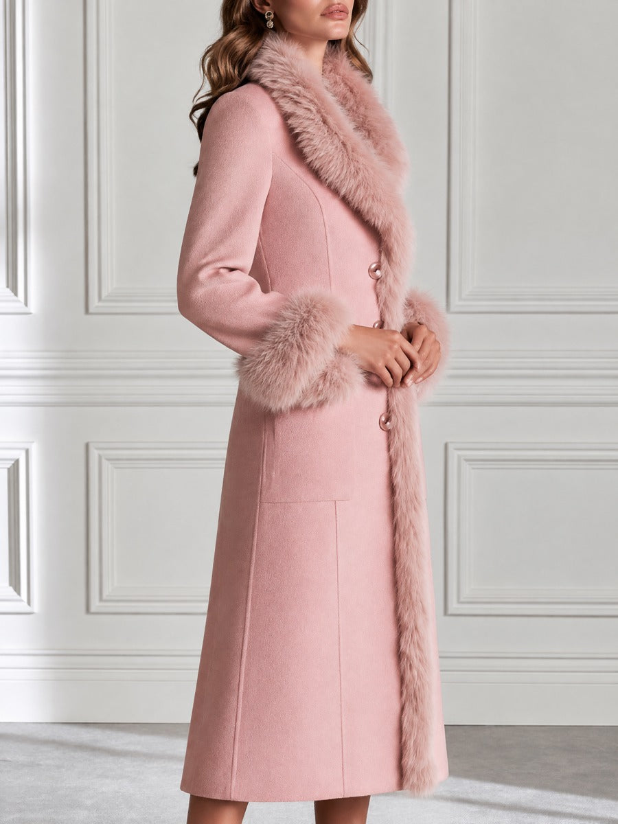 Faux Fur Trim Wool Blend Long Coat