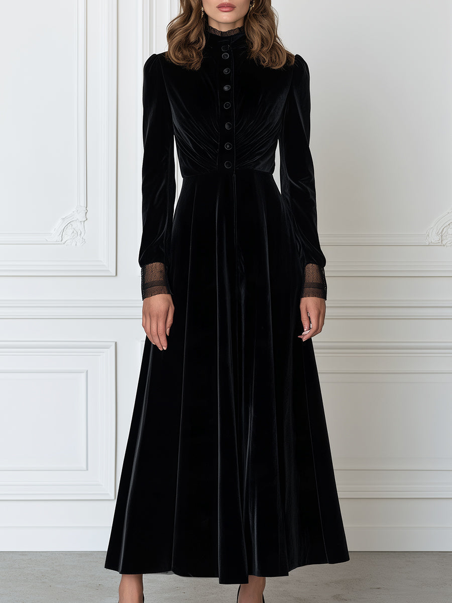 Lace-Trimmed Stand Collar Button-Front Ruched Velvet Maxi Dress