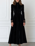 Lace-Trimmed Stand Collar Button-Front Ruched Velvet Maxi Dress