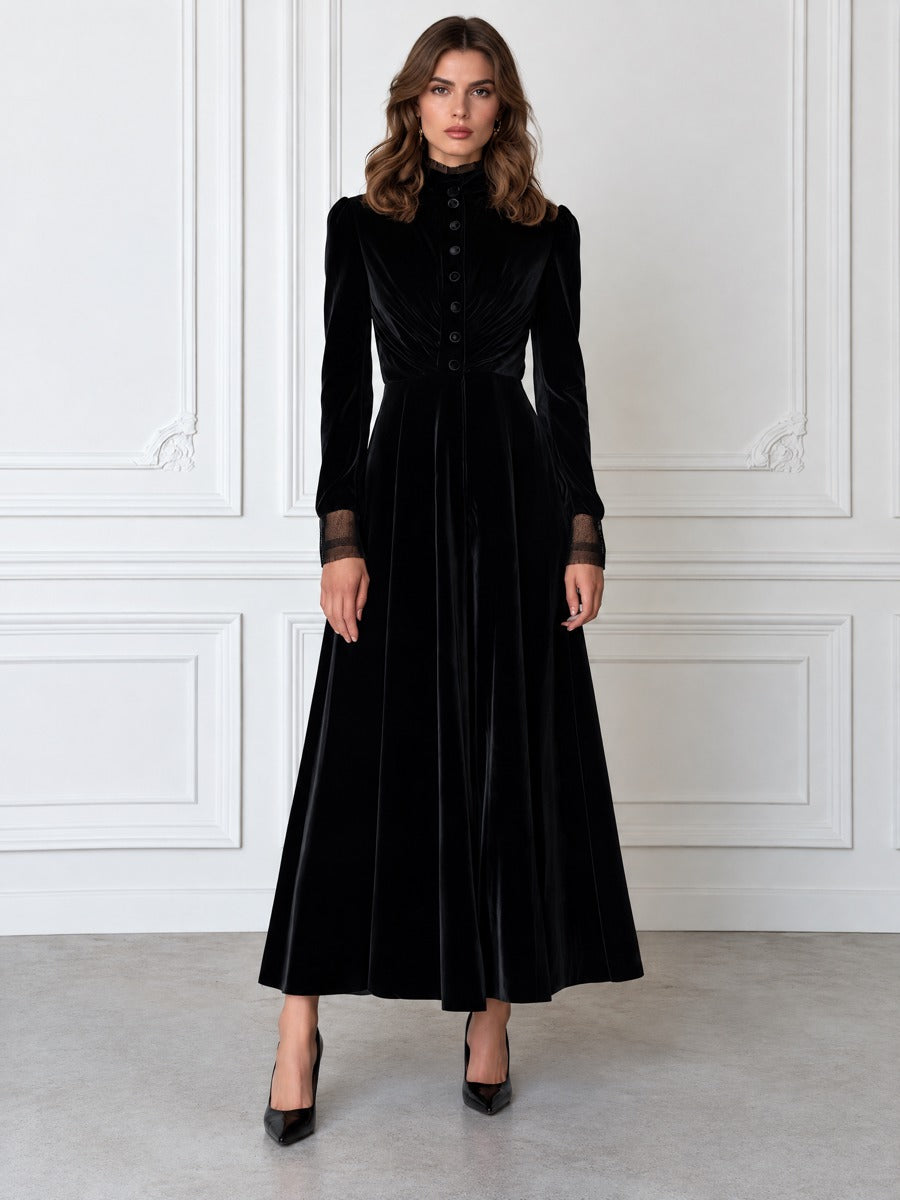 Lace-Trimmed Stand Collar Button-Front Ruched Velvet Maxi Dress