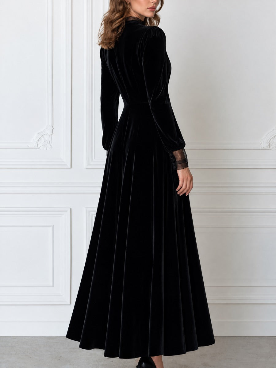 Lace-Trimmed Stand Collar Button-Front Ruched Velvet Maxi Dress