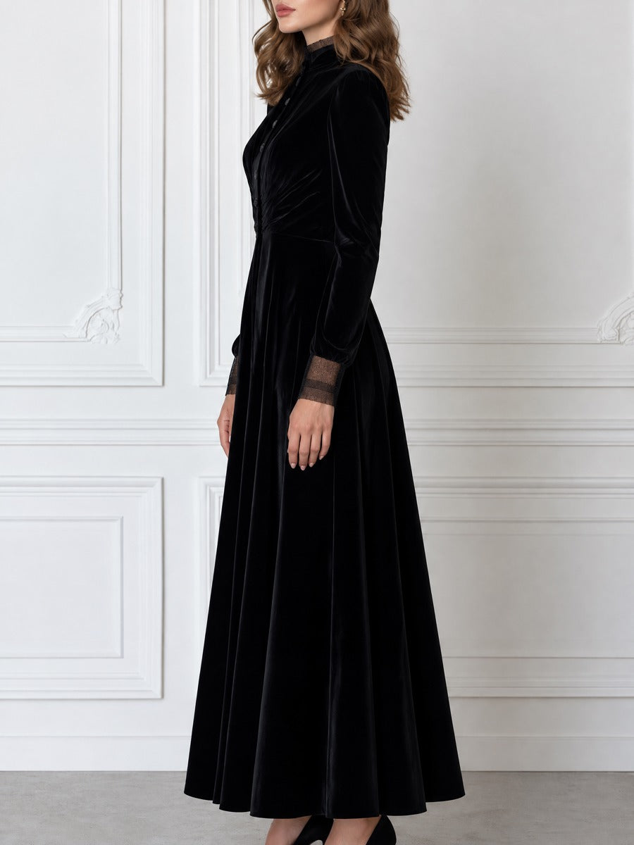 Lace-Trimmed Stand Collar Button-Front Ruched Velvet Maxi Dress