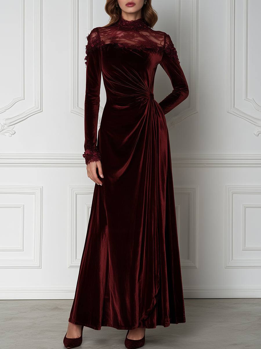 Velvet Lace Mock Neck Long Sleeve Maxi Evening Gown