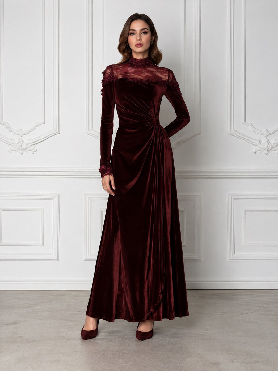 Velvet Lace Mock Neck Long Sleeve Maxi Evening Gown