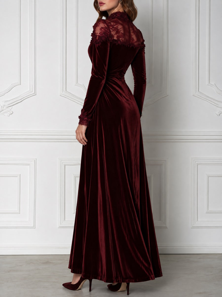 Velvet Lace Mock Neck Long Sleeve Maxi Evening Gown