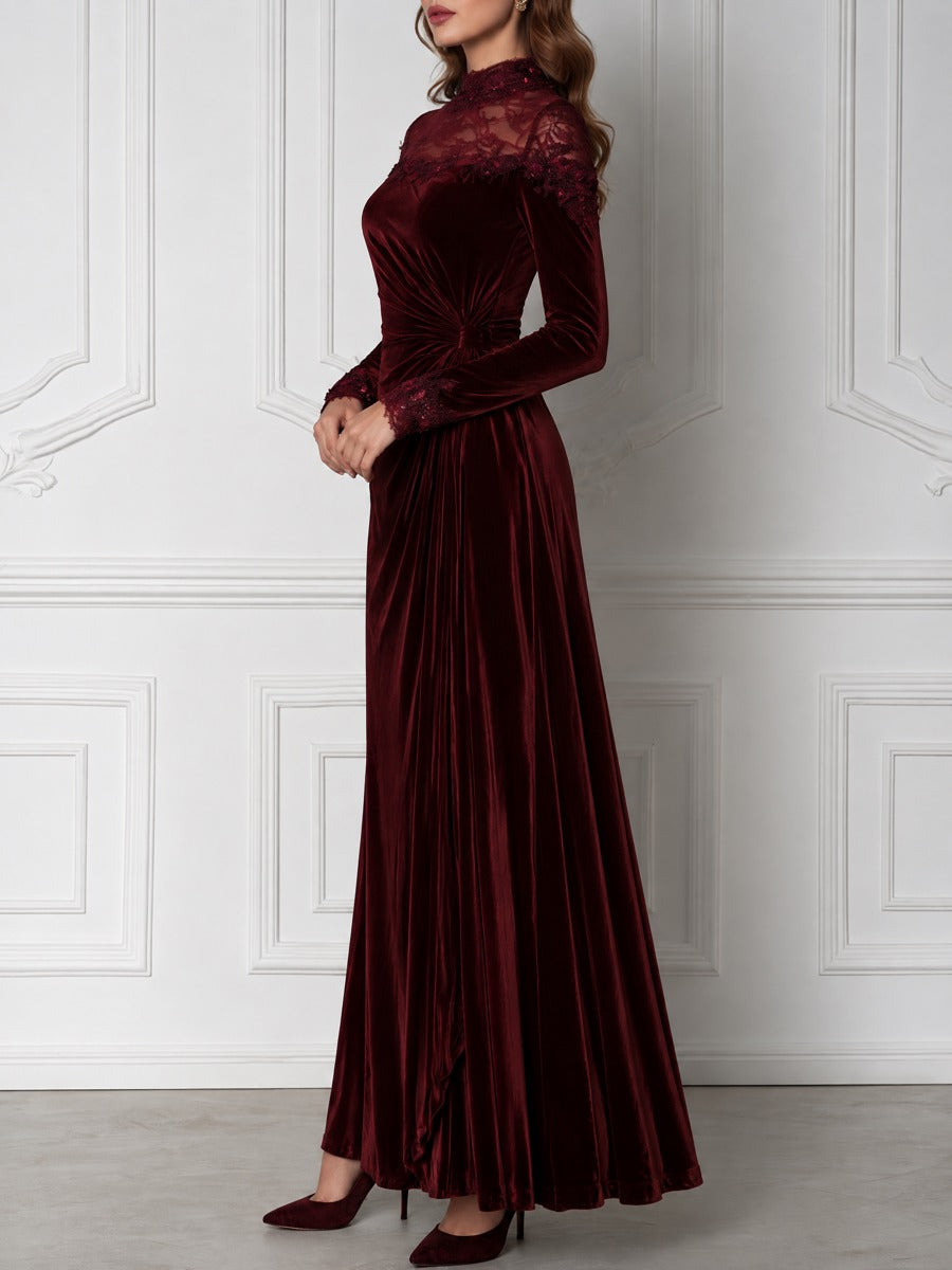 Velvet Lace Mock Neck Long Sleeve Maxi Evening Gown