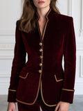 Gold Braid-Trimmed Stand Collar Fitted Velvet Blazer