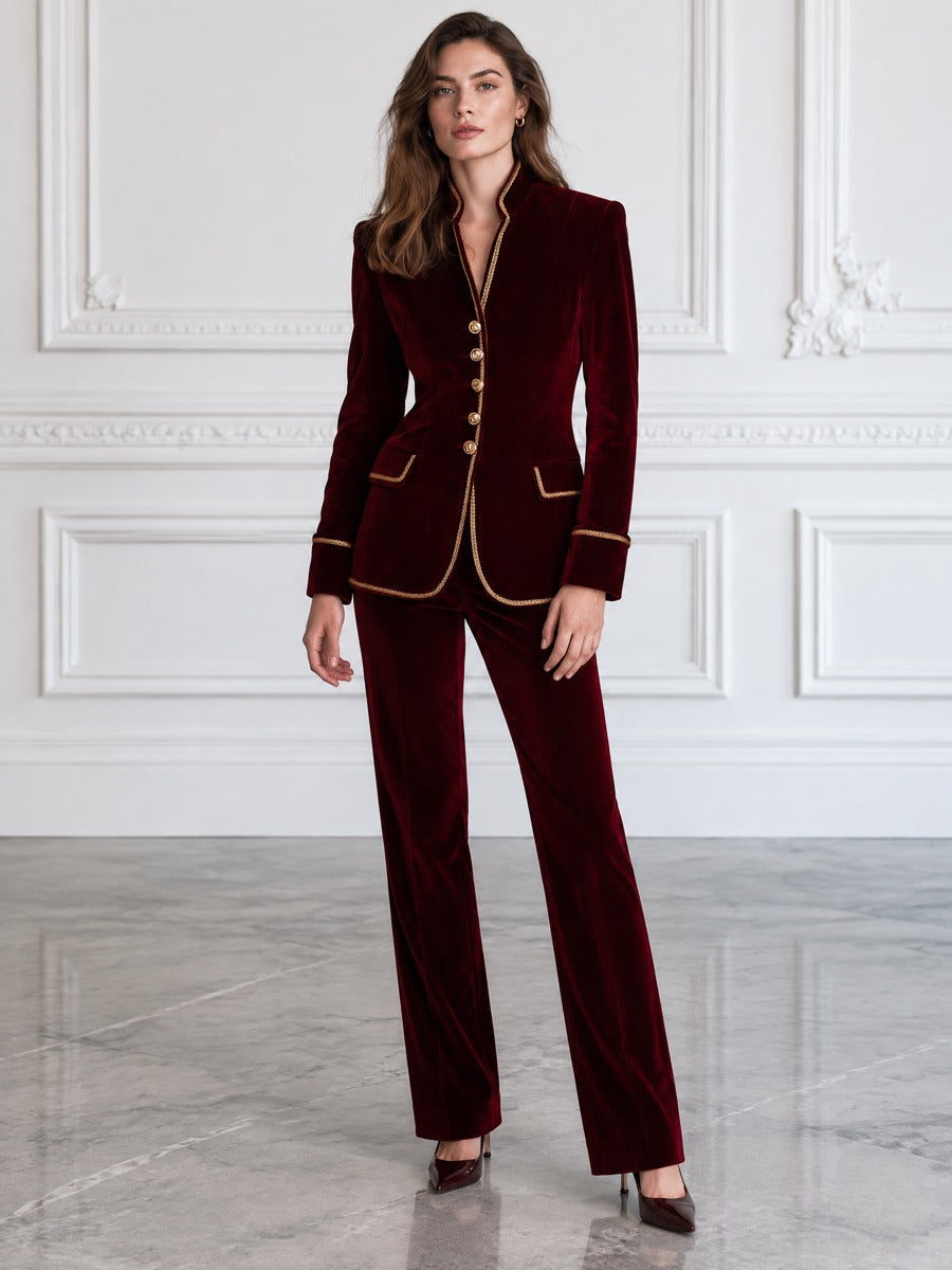 Gold Braid-Trimmed Stand Collar Fitted Velvet Blazer