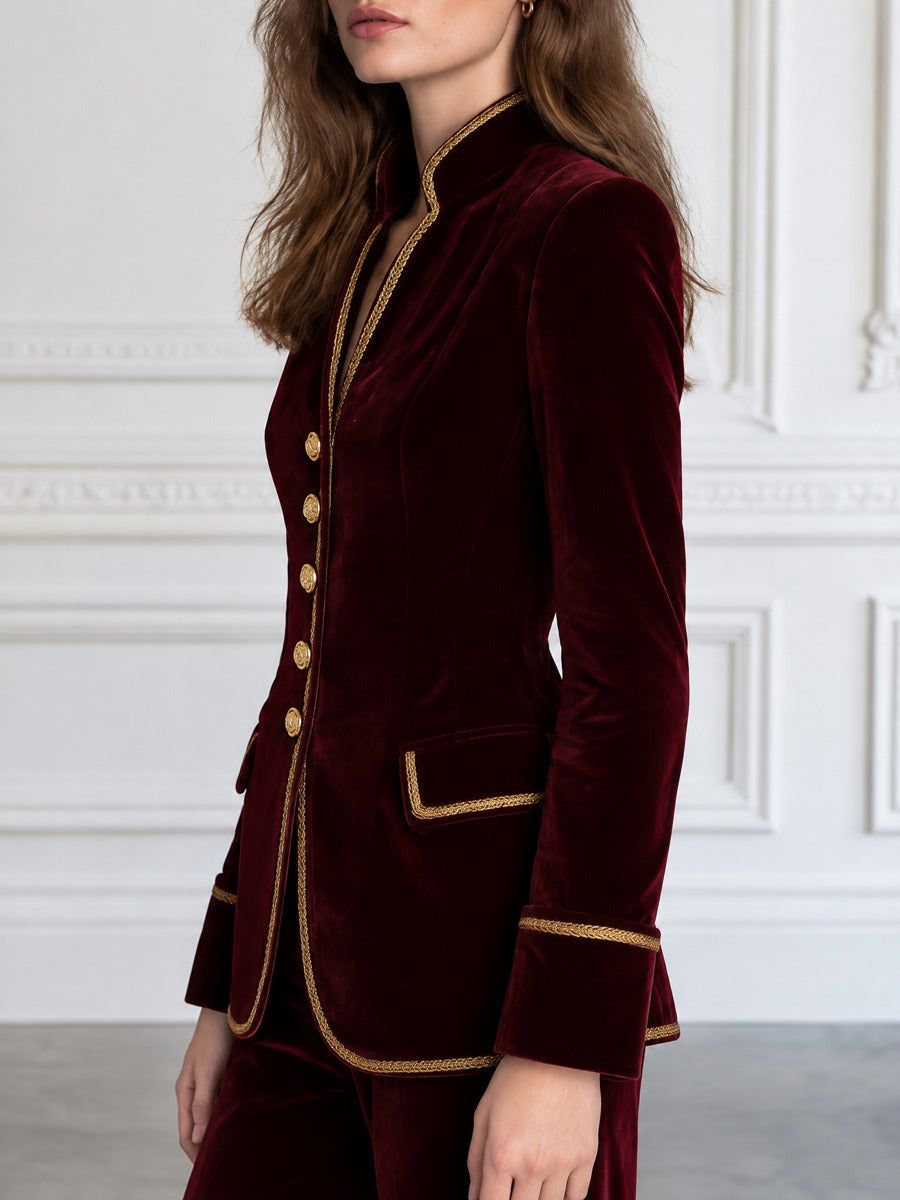 Gold Braid-Trimmed Stand Collar Fitted Velvet Blazer