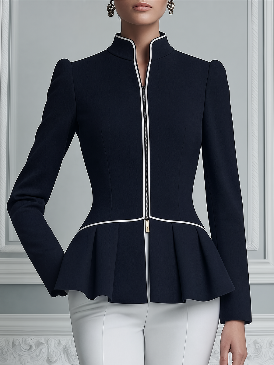 Navy Contrast Piping Stand-Collar Zip-Front Peplum Blazer Top