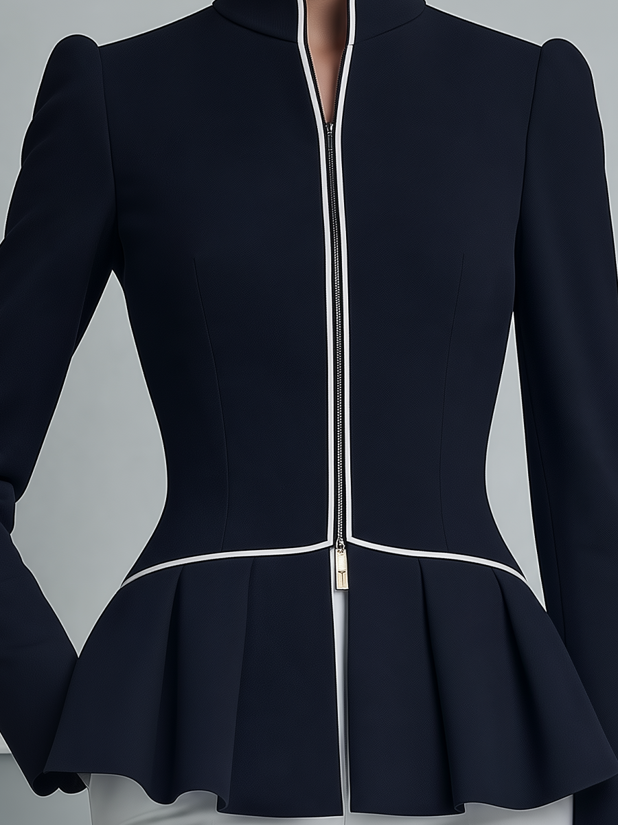 Navy Contrast Piping Stand-Collar Zip-Front Peplum Blazer Top