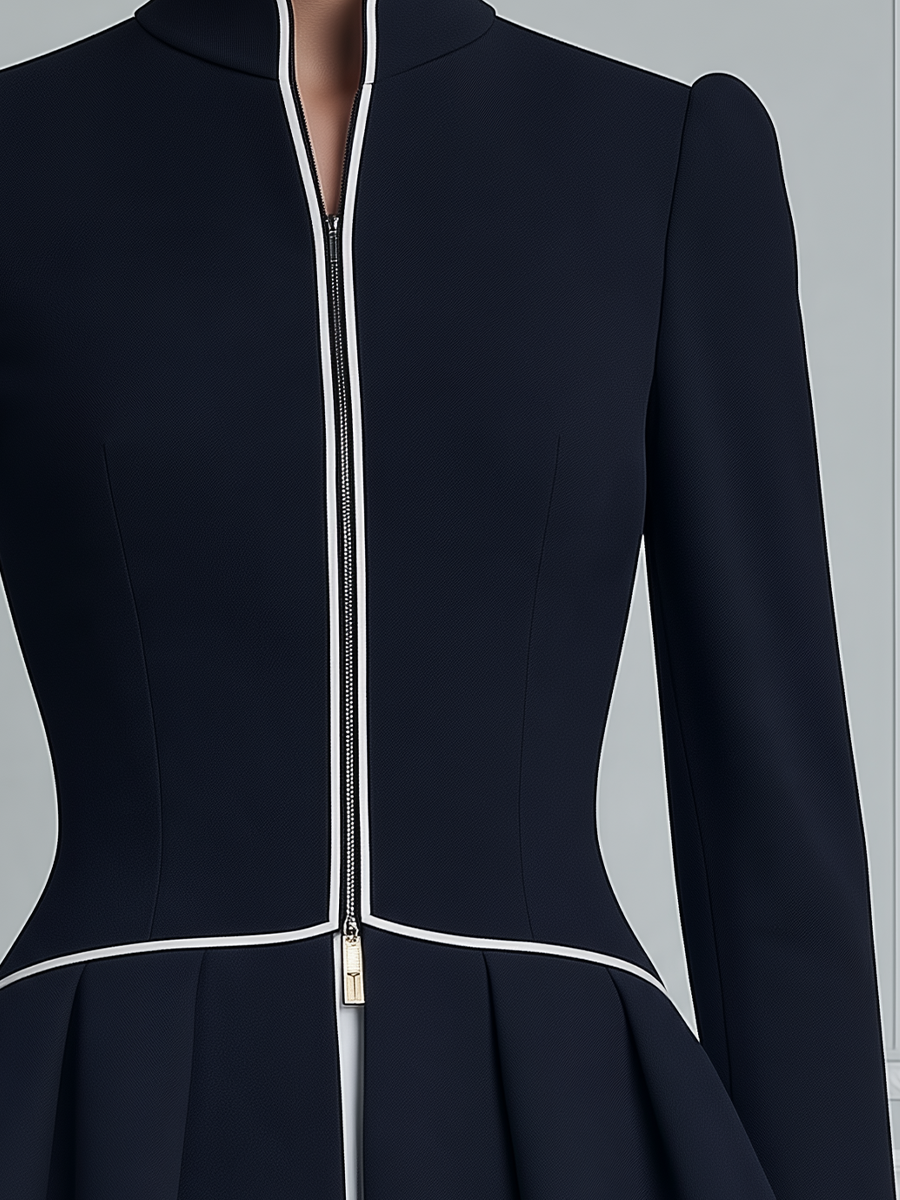 Navy Contrast Piping Stand-Collar Zip-Front Peplum Blazer Top