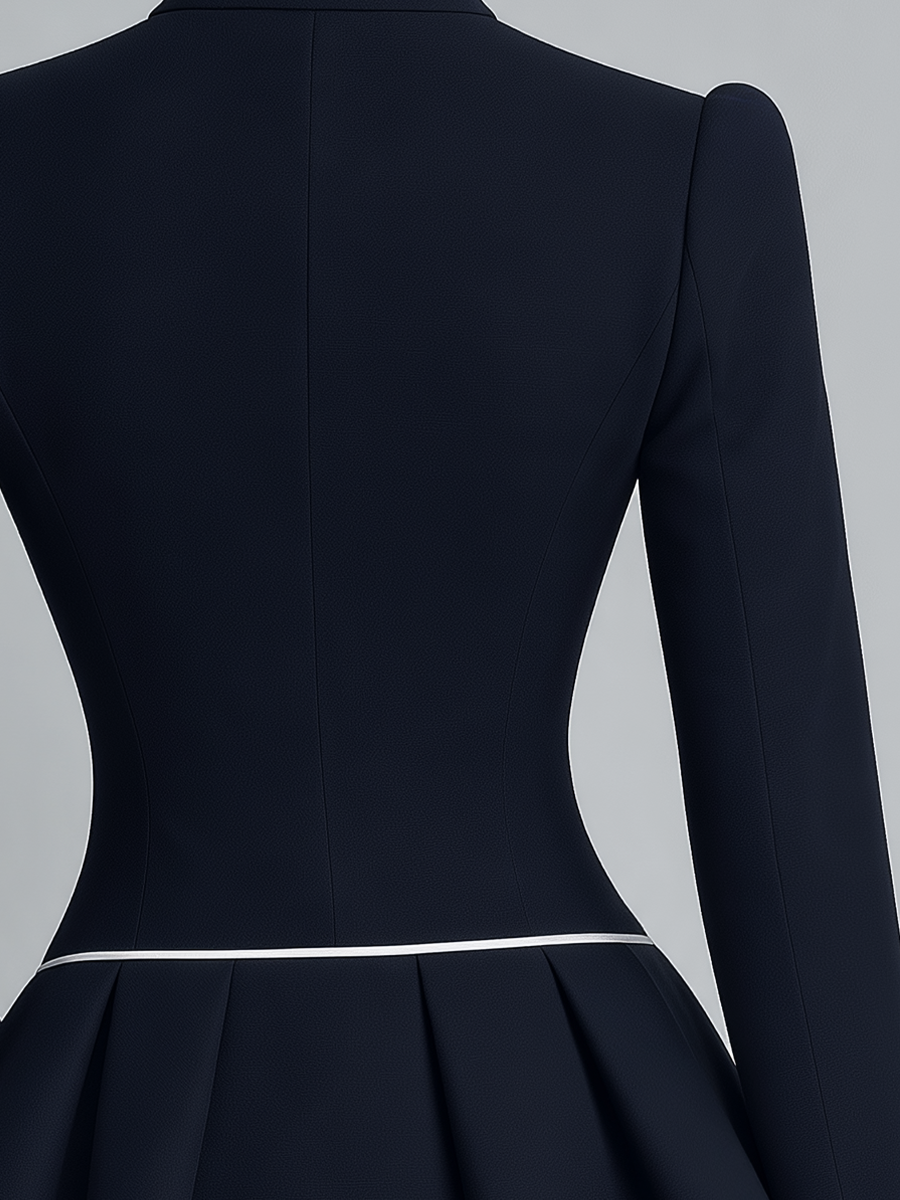Navy Contrast Piping Stand-Collar Zip-Front Peplum Blazer Top