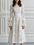 Floral Lace Bishop Sleeve Flare Cuff A-Line Midi Dress
