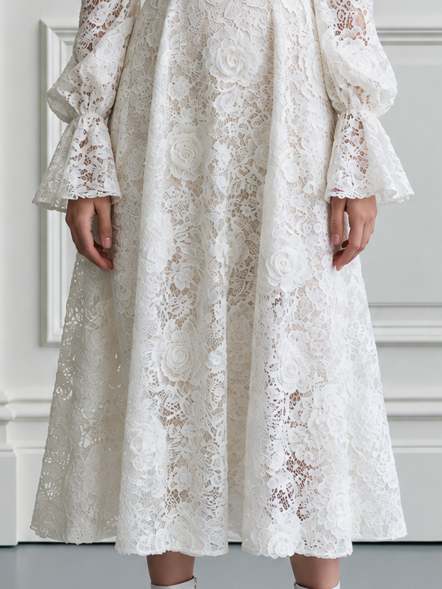 Floral Lace Bishop Sleeve Flare Cuff A-Line Midi Dress