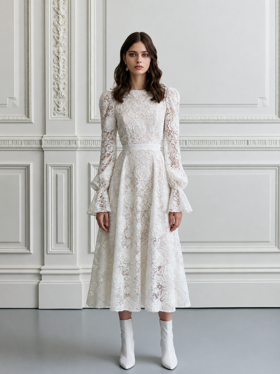 Floral Lace Bishop Sleeve Flare Cuff A-Line Midi Dress