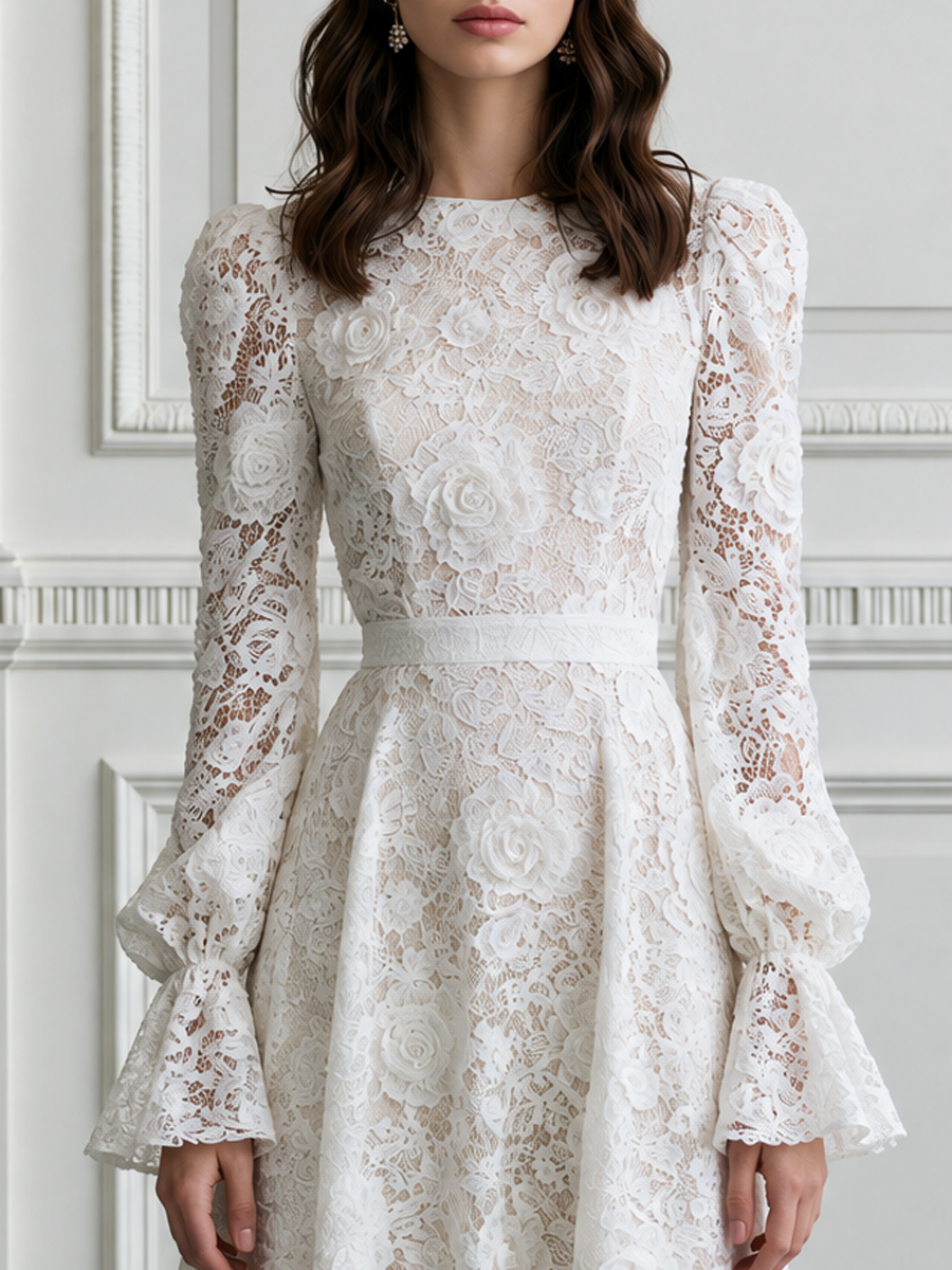 Floral Lace Bishop Sleeve Flare Cuff A-Line Midi Dress