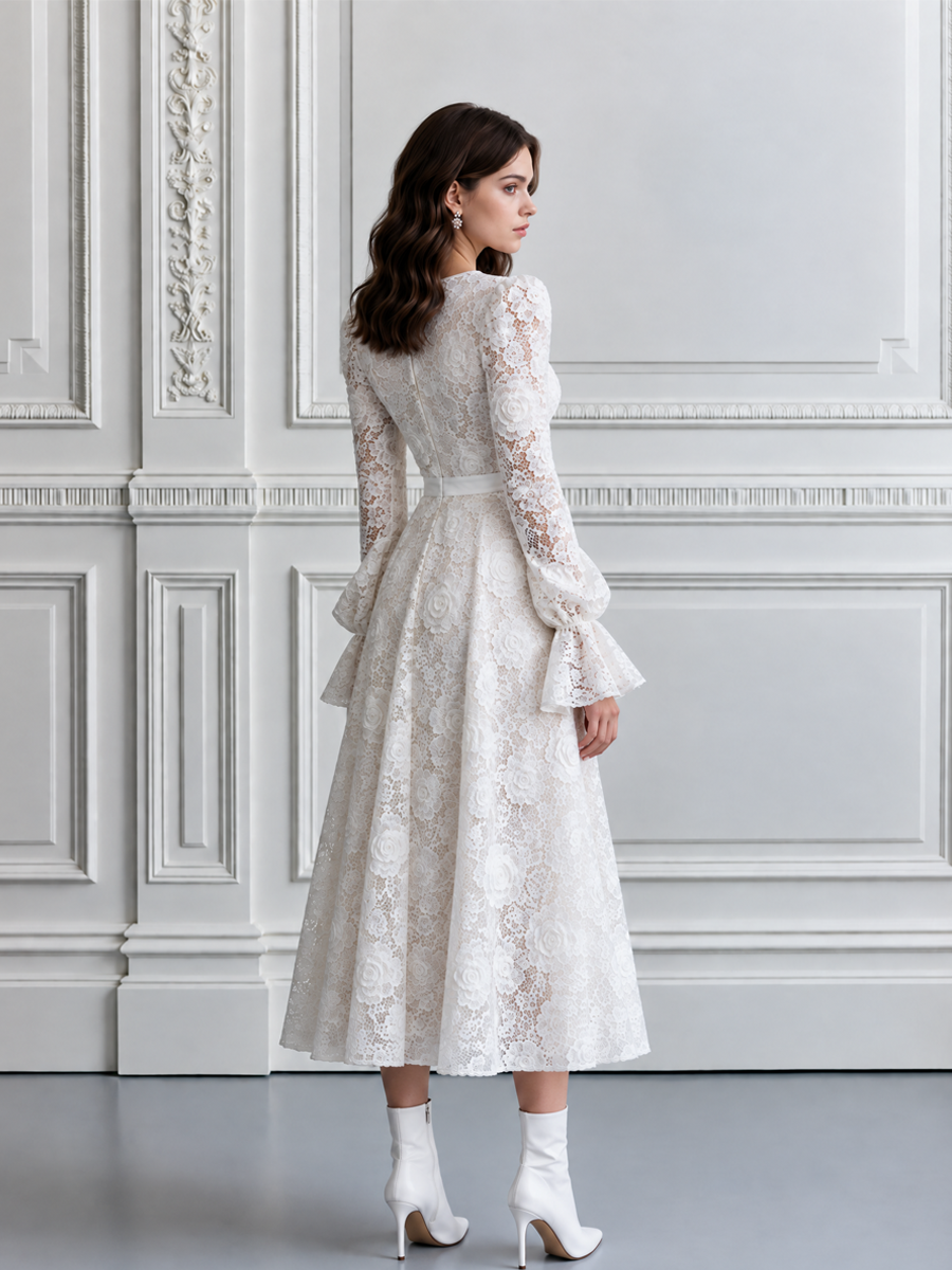 Floral Lace Bishop Sleeve Flare Cuff A-Line Midi Dress
